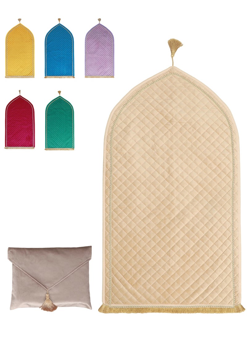 Velvet Muslim Prayer Mat Thick Soft, Soft Prayer Rug,Prayer Rug with Tassels, Foldable Flannel Prayer Rug for Men & Women, Prayer Mats for Ramadans Eid, Daily Salah, Beige - Image 1